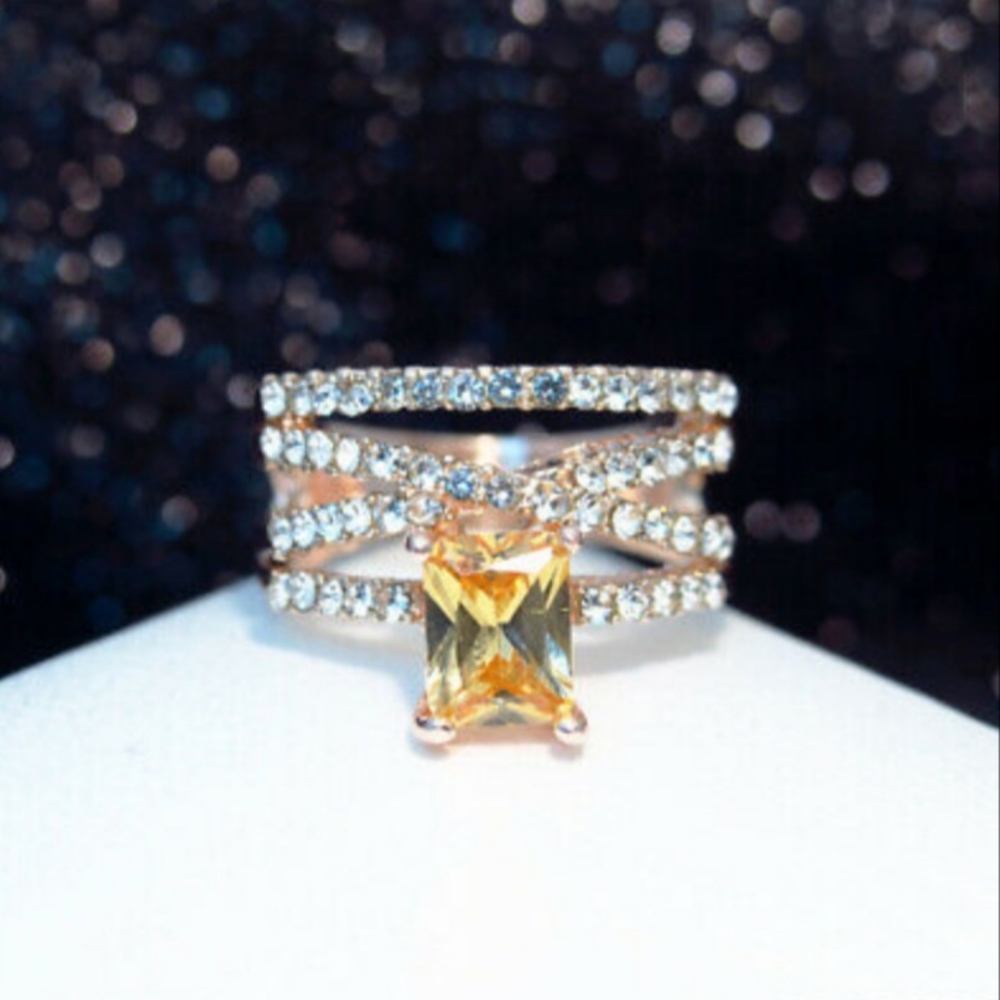 Emerald Cut Citrine and Diamond Triple Band Ring - Picture 1 of 8